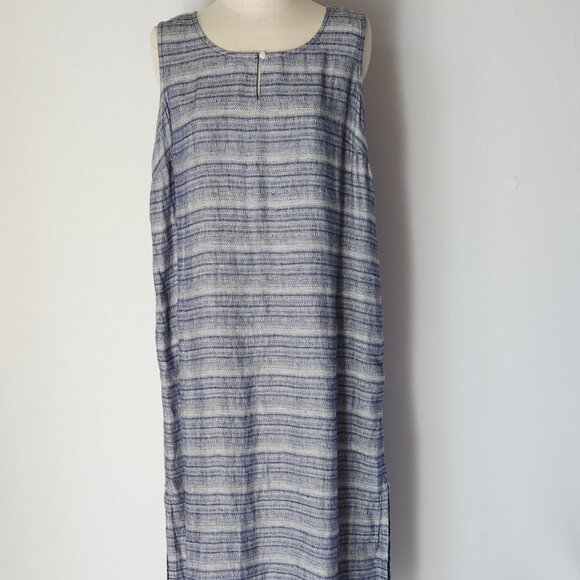 NWT Pure Jill Linen Tunic Maxi Shift Dress Key-Hole Sleeveless Pocket Sapphire - Picture 3 of 12